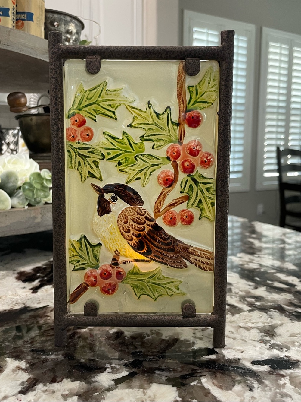 Tii Collections Winter Chickadee & Holly Hand-Painted Metal Glass Panel Votive